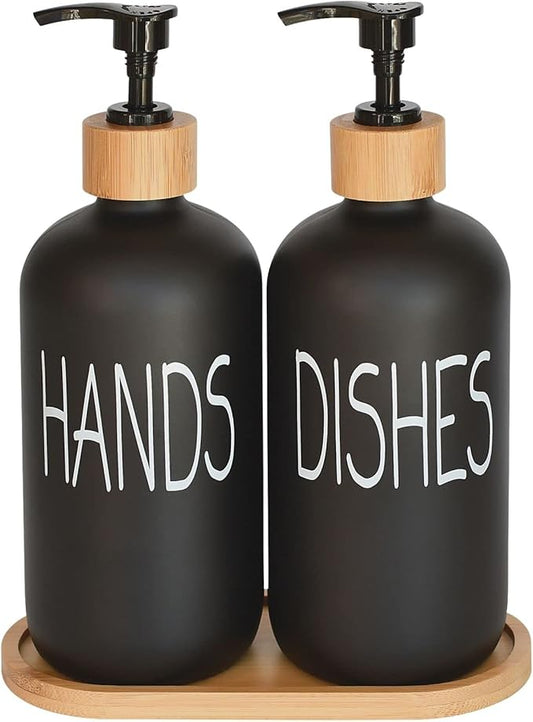 Glass Soap Dispenser Set. Hand and Dish with Bamboo Tray. Vintage Pump for Kitchen Drain Outlet Bathroom. Stylish Permanent Labels (Matte Black) by DIDROOM