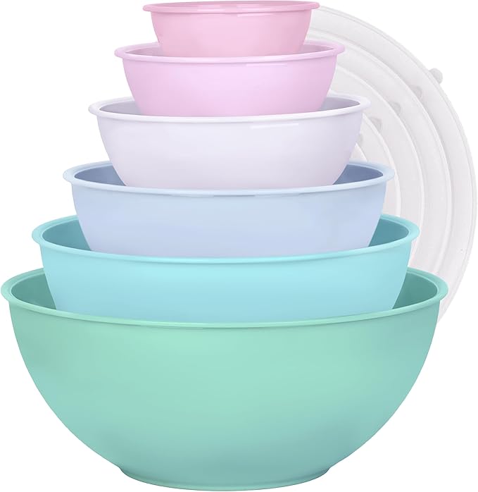 BoxedHome BPA Free Plastic Round Mixing Bowl with Lids, 12 Pack Nesting Bowls with Lids Set, Microwave and Dishwasher Safe Prep & Serving Bowls Great for Mixing, Baking, Serving (pinkish green, 12pcs) by BoxedHomeProducts