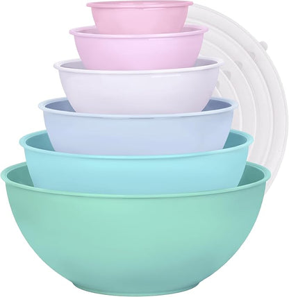 BoxedHome BPA Free Plastic Round Mixing Bowl with Lids, 12 Pack Nesting Bowls with Lids Set, Microwave and Dishwasher Safe Prep & Serving Bowls Great for Mixing, Baking, Serving (pinkish green, 12pcs) by BoxedHomeProducts