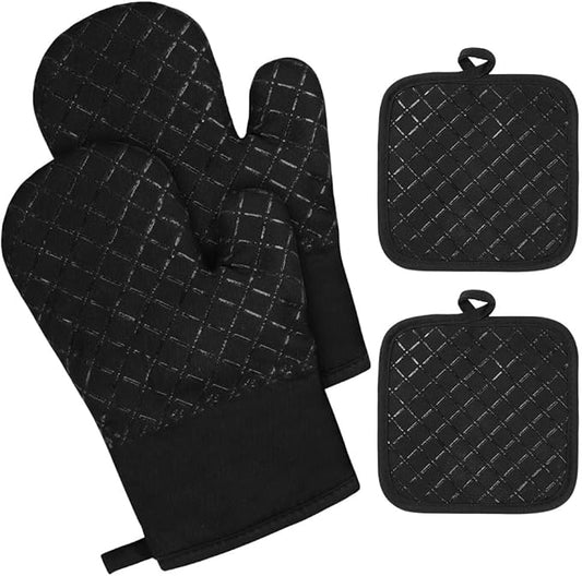 AUAUY Oven Mitts and Pot Holders 4PCS Set, 230°C/446°F Heat Resistant BBQ Gloves, Extra Thicken Long Cotton Oven Mittens, Silicone Stripes Non-Slip Kitchen Mittens for Cooking Baking Grilling by AUAUY