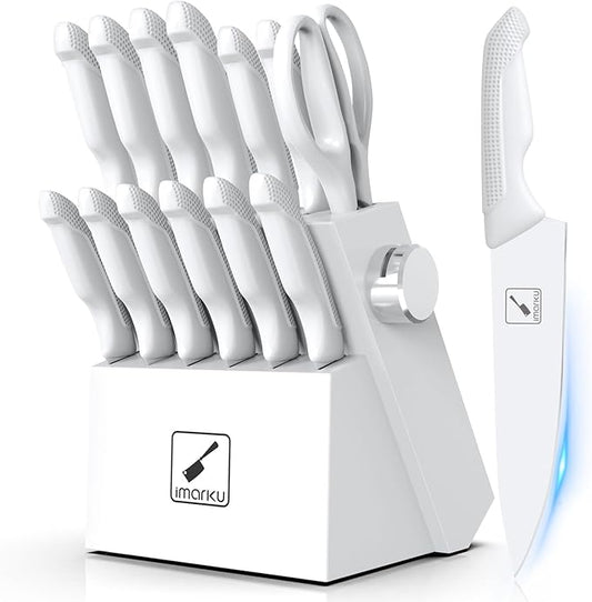 imarku® 14-Piece Kitchen Knife Set with Block and Sharpener, Professional Stainless Steel with Non-Slip Ergonomic Handle, Dishwasher Safe, Home Essential, Gray-White by imarku