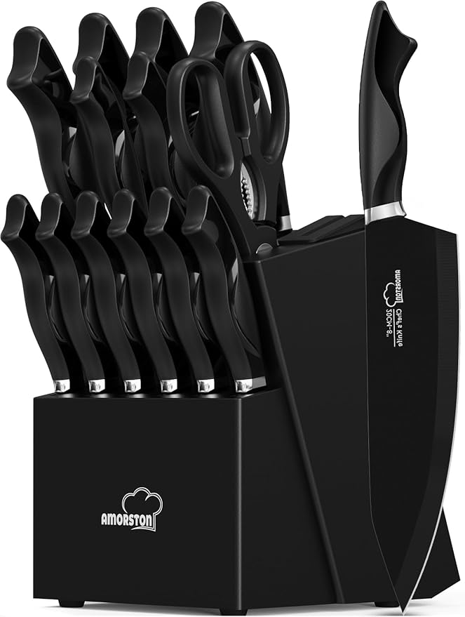 Knife Set, 15 Pieces Kitchen Knife Set with Built in Sharpener, German High Carbon Stainless Steel Knife Block Set, Dishwasher Safe, Black, Mothers Day Gifts by Amorston