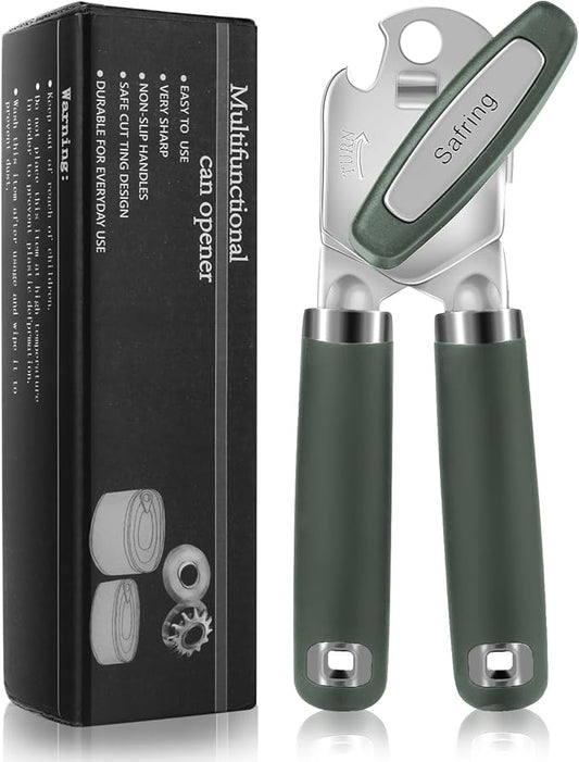 Safring Can Opener Manual, Heavy Duty Handheld Strong Can Opener with Soft Touch Handle, Sharp Blade Smooth Edge, Can Openers with Multifunctional Bottle Opener, Hunter Green by Safring