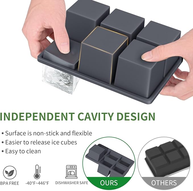 Large Ice Cube Tray for Whiskey: FDDBI Silicone Ice Cube Trays with Lid - 2Pack Big Square Old Fashioned Ice Cube Maker for Cocktail - 2inch Huge Cubed Ice Trays for Whisky - Image 2