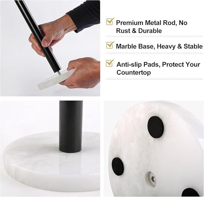 Koville African Genuine Marble Paper Towel Holder Countertop, Metal Rod 6" Marble Base Paper Towel Holder Stand for Kitchen Organization and Storage, Fit for Standard Size Rolls - Image 7