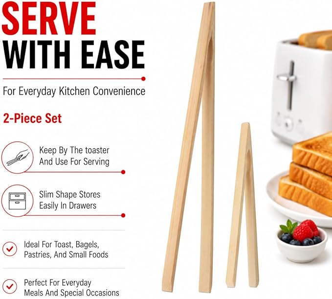 HIC Kitchen Kitchen Toast Tong Set, Natural Bamboo, 6.5 and 12-Inch, 2-Piece Set