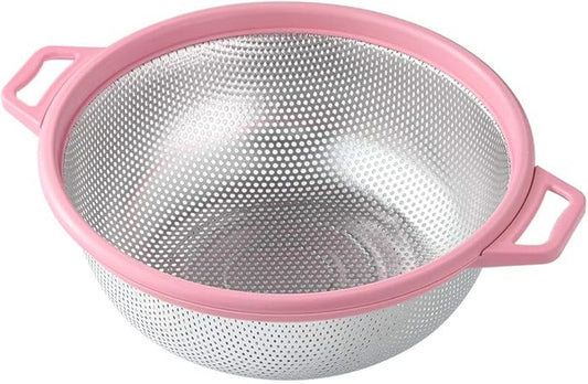 HiramWare Stainless Steel Colander With Handle and Legs, Large Metal Pink Strainer for Pasta, Spaghetti, Berry, Veggies, Fruits, Noodles, Salads, 5-quart 10.5” Kitchen Mesh Colander, Dishwasher Safe by HiramWare