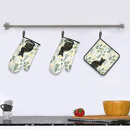 Black Cat Wildflower Hot Pads and Oven Mitts Set of 3, Spring Summer Plants Kitchen Decor Potholders and Oven Mitts, Baking and Cooking Gifts for Chef Baker, Black Cat Gifts for Women & Kitchen Decor