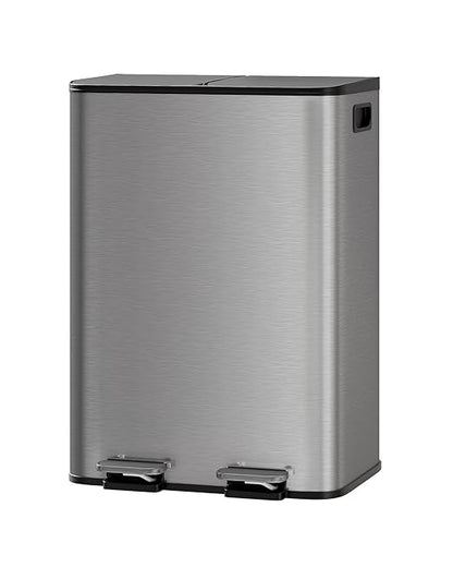 GarveeHome 2 x 8 gal Stainless Steel Double Trash Can with Lid for Kitchen, Large Dual Trash and Recycle Bin Combo, Step-on Kitchen Metal Garbage Cans, PP Inner Buckets, Liner Rim, Matte Grey by GarveeHome