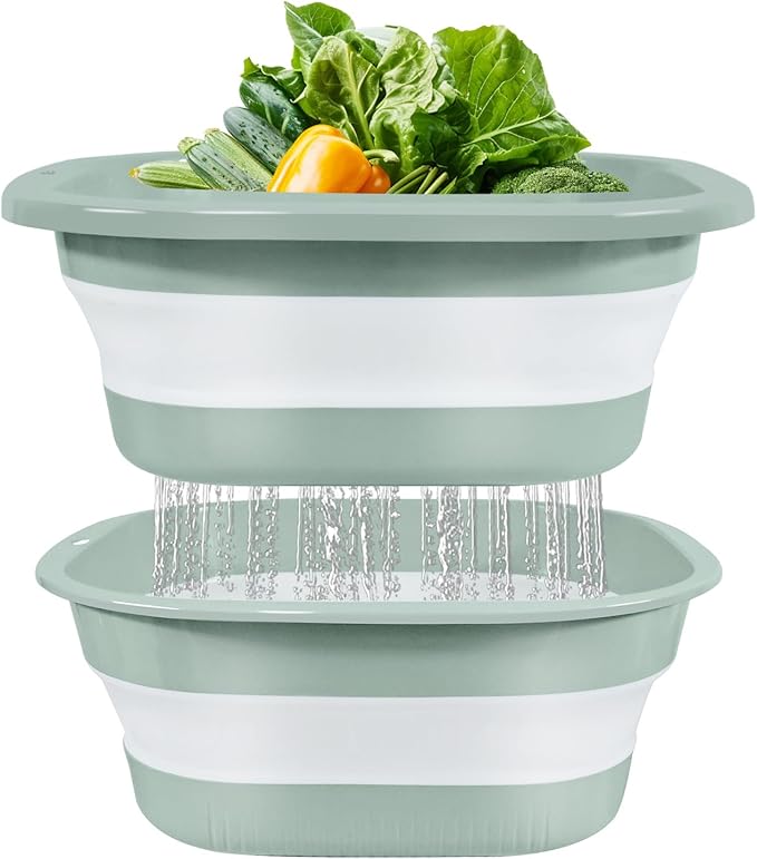 Collapsible Colander and Sink Basin Set - 2 in 1 Collapsible Colander Strainer with Collapsible Wash Basin for Kitchen, RV Camping, Foldable Fruit Vegetable Washing Basket, 8 QT, Blue