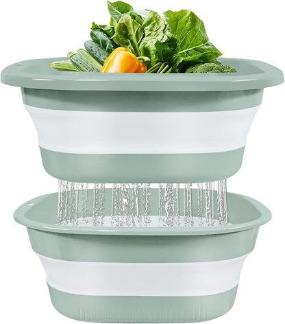 Collapsible Colander and Sink Basin Set - 2 in 1 Collapsible Colander Strainer with Collapsible Wash Basin for Kitchen, RV Camping, Foldable Fruit Vegetable Washing Basket, 8 QT, Blue