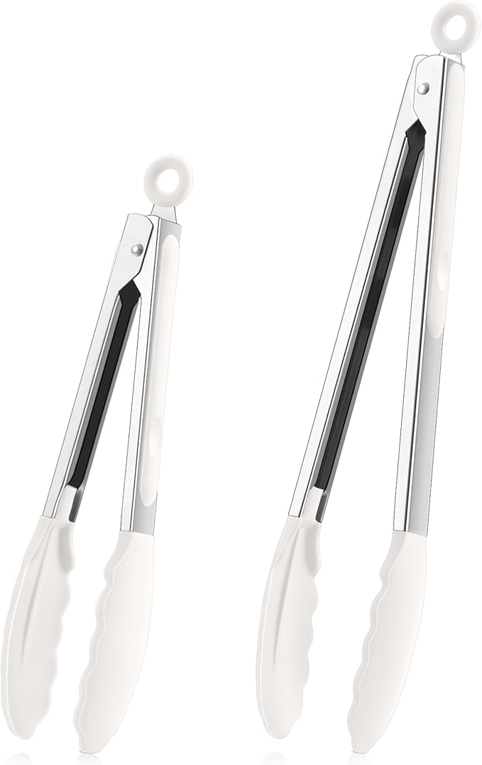 TeamFar Kitchen Tongs, 9" and 12" Stainless Steel Cooking Tongs with Silicone Tips for Cooking Grilling Serving & BBQ, Heat Resistant Silicone Tongs, Locking Design & Dishwasher Safe, Set of 2 & White by TeamFar
