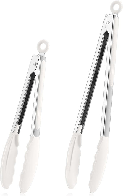TeamFar Kitchen Tongs, 9" and 12" Stainless Steel Cooking Tongs with Silicone Tips for Cooking Grilling Serving & BBQ, Heat Resistant Silicone Tongs, Locking Design & Dishwasher Safe, Set of 2 & White by TeamFar