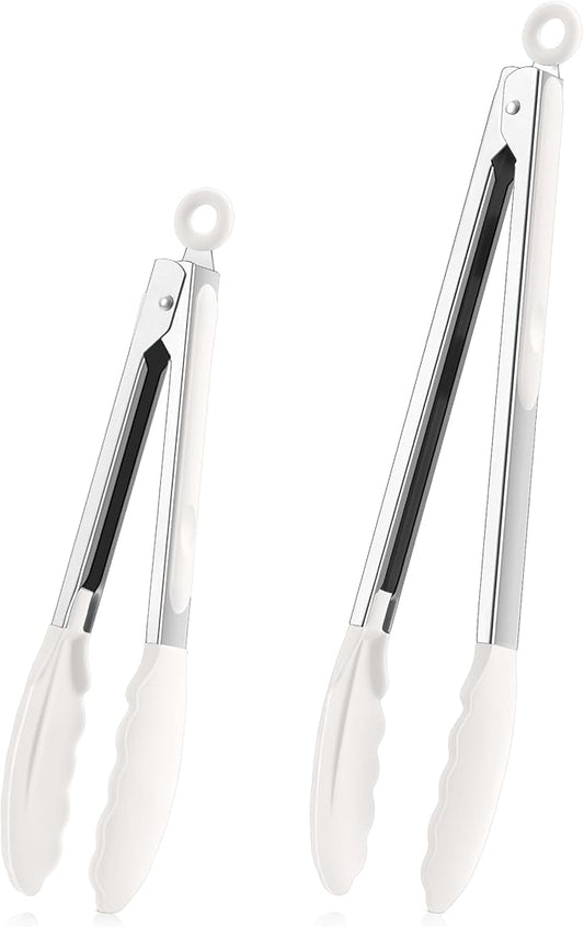 TeamFar Kitchen Tongs, 9" and 12" Stainless Steel Cooking Tongs with Silicone Tips for Cooking Grilling Serving & BBQ, Heat Resistant Silicone Tongs, Locking Design & Dishwasher Safe, Set of 2 & White by TeamFar