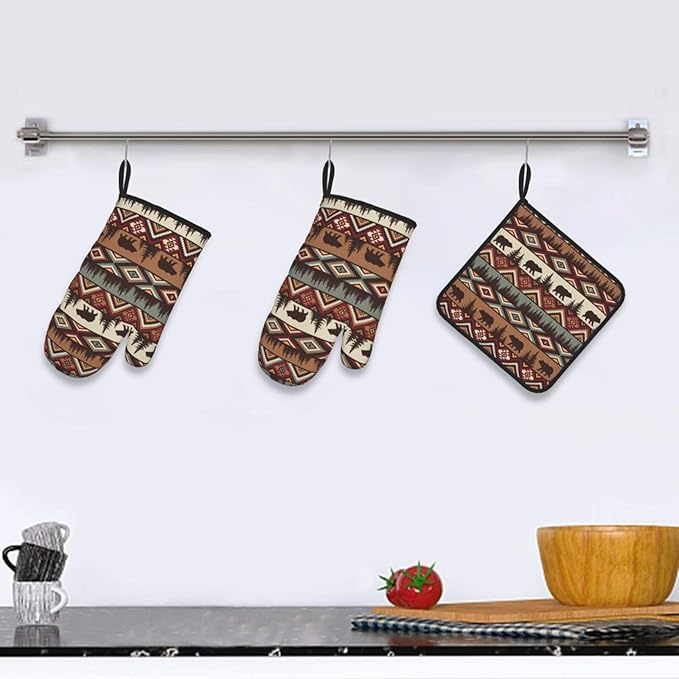 Vintage Rustic Oven Mitts and Pot Holders Sets of 3 Heat Resistant Hot Pads Bear Mountain Oven Gloves for Kitchen Cooking BBQ Baking - Image 6