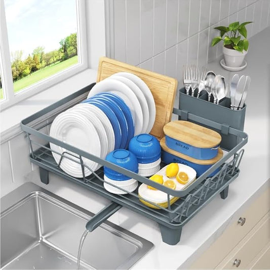 Urackify Dish Drying Rack for Kitchen Counter, Sink Dish Rack with Drainboard, Large Dish Drainer with Cups Holder, Home Countertop Plate Dryer Storage Rack with Cutlery Holder, Blue by Urackify