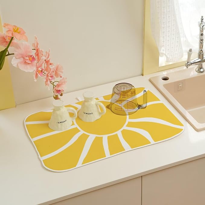 Summer Dish Drying Mat 18 x 24 inch, Yellow Sunshine Decorative Decorative Drying Mats Microfiber Absorbent Dish Washable Draining Mat for Kitchen Counter Decor