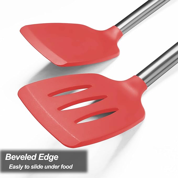 2 Pack Spatulas, Solid & Slotted Silicone Spatula Set, Stainless Steel Handle Coated with Silicone, Non Stick Turners, Heat Resistant Rubber Spatulas for Fish, Eggs, Pancakes, WOK, Red - Image 7