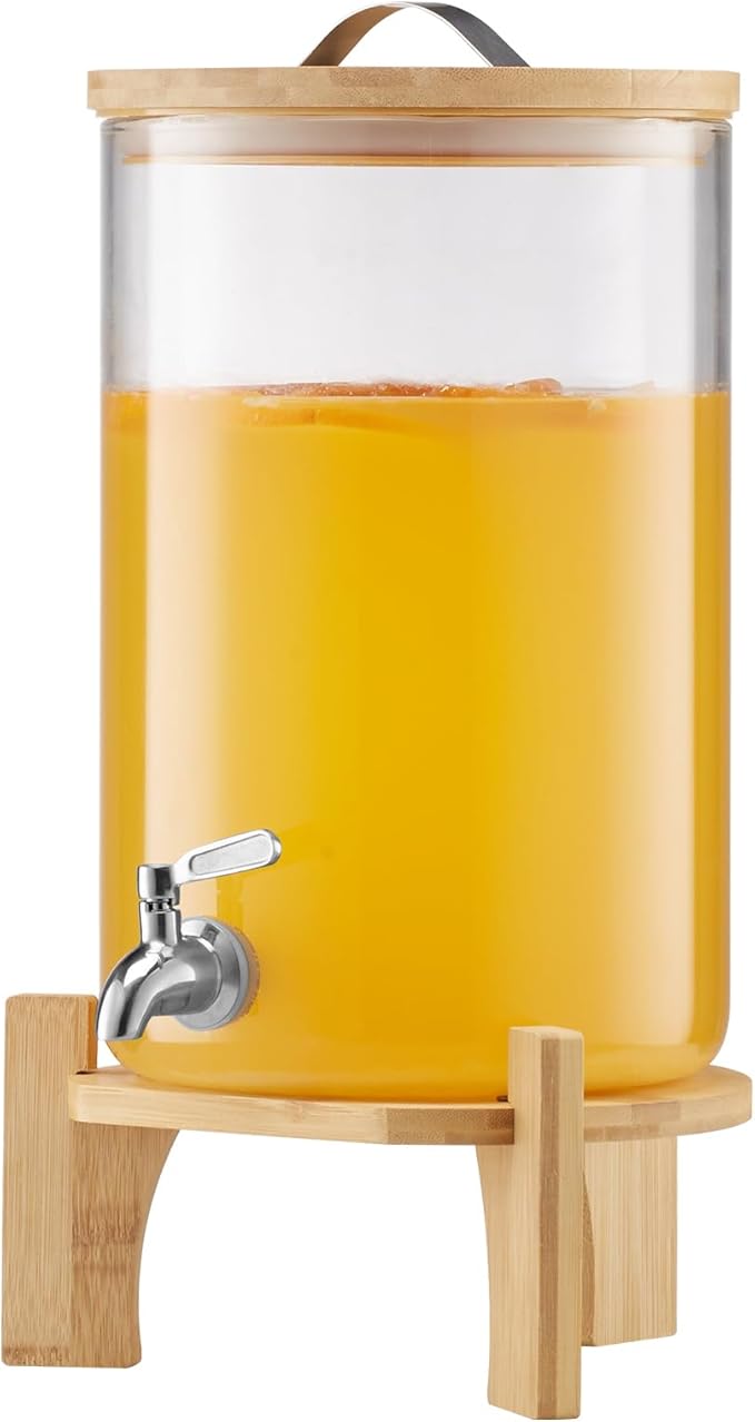 VEVOR Beverage Dispenser, 2.2 Gallon Drink Dispensers for Parties, Glass Juice Dispenser with Wood Stand, Stainless Steel Spigot, Iced Tea Lemonade Juice Water Dispensers for Parties