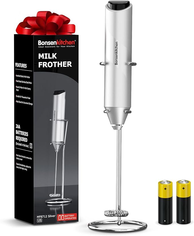 Bonsenkitchen Powerful Milk Frother with Stand for Coffee, Fast Handheld Drink Mixer with Stainless Steel Whisk, Battery Operated Hand Frother Stirrer Wand-Silver by Bonsenkitchen