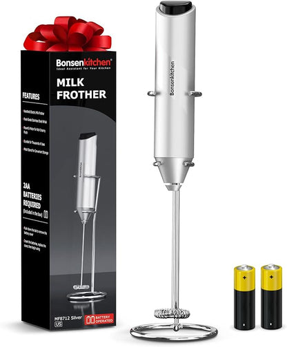Bonsenkitchen Powerful Milk Frother with Stand for Coffee, Fast Handheld Drink Mixer with Stainless Steel Whisk, Battery Operated Hand Frother Stirrer Wand-Silver by Bonsenkitchen