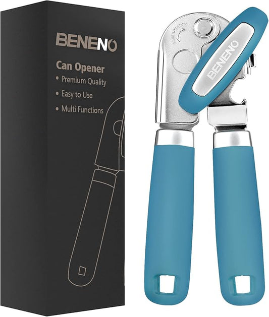 Beneno Heavy Duty Hand Can Opener Manual with Magnet, Durable Sharp Carbon Steel Blade Smooth Cutting, Big Effort-Saving Knob & Soft Grip Handle, Multifunctional Kitchen Tool with Bottle Opener, Aqua by Beneno
