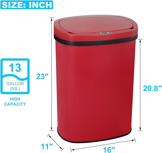 Bigacc 13 Gallon 50L Touch Free Automatic Stainless Steel Trash Can Garbage Can Metal Trash Bin with Lid for Kitchen Living Room Office Bathroom, Electronic Motion Sensor Automatic Trash Can - Red - Image 2