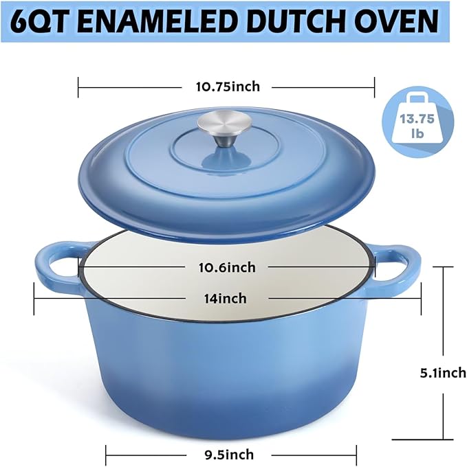 TeamFar 6QT Dutch Oven with Lid, Enameled Nonstick Cast Iron Dutch Oven Cooking Pot for Stewing Baking Braising, Various Stoves & Oven Safe, Toxic Free & Solid, Dual Handles & Easy Cleanup - Blue - Image 3