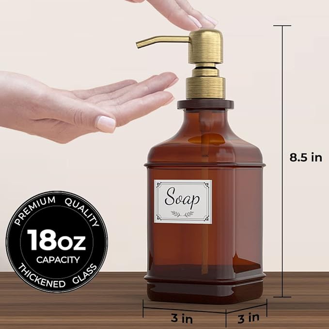 GLADPURE Soap Dispenser 2 Pack, Hand Soap Dispensers with 18 Oz Antique Design Thick Amber Glass Bottle, 316 Rust Proof Stainless Steel Pump, 6Pcs Stickers, for Lotion, Soap - Brushed Gold - Image 3
