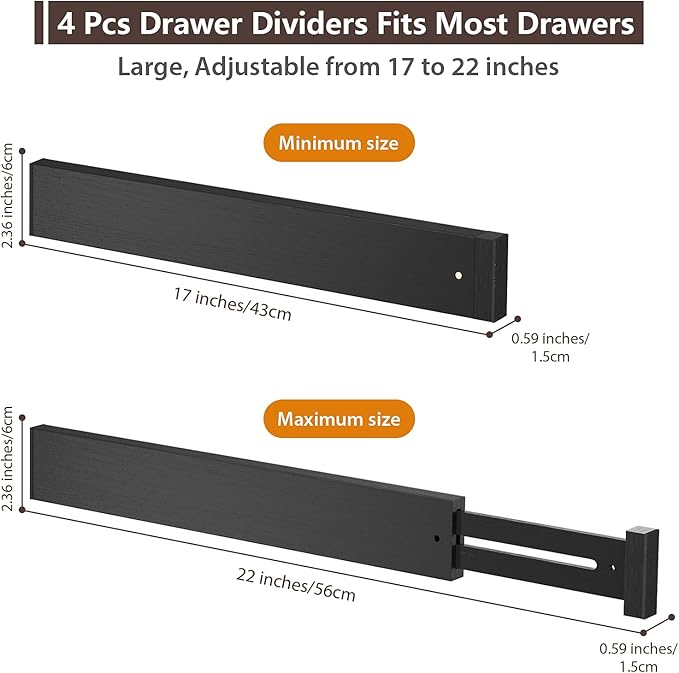 DUCOO 4 PCS Drawer Divider, 17"-22" Adjustable Bamboo Drawer Dividers Organizers, Expandable Separators for Kitchen, Clothes, Dressers, Home, Office, Black - Image 2