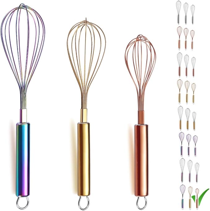 Berglander Colorful Whisks Set - Stainless Steel 8" Gold, 10" Rose Gold, 12" Rainbow Wire Whisks for Cooking by Berglander