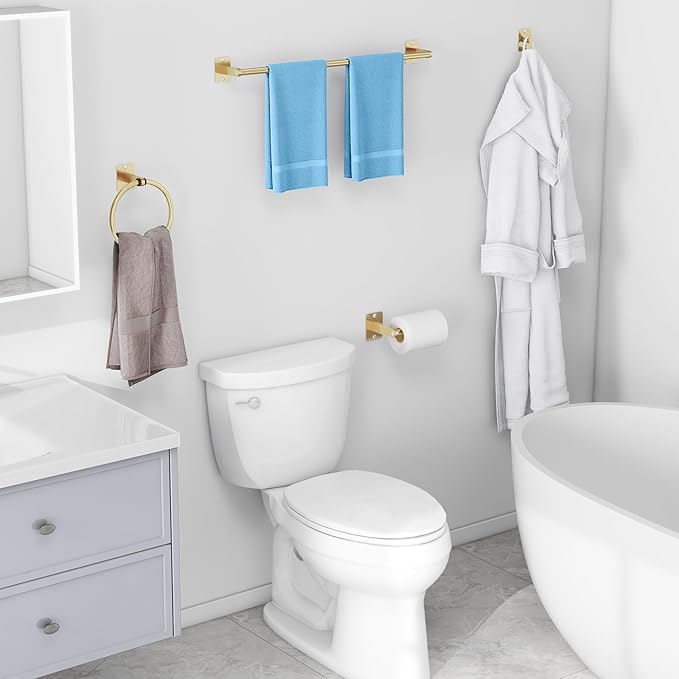 Bathroom Accessories Set, KLJKPA 4 Pieces Gold Bathroom Hardware Set, 24 inch Towel Bar, Towel Racks for Bathroom, Robe Towel Hooks, Toilet Paper Holder Wall Mounted - Image 6