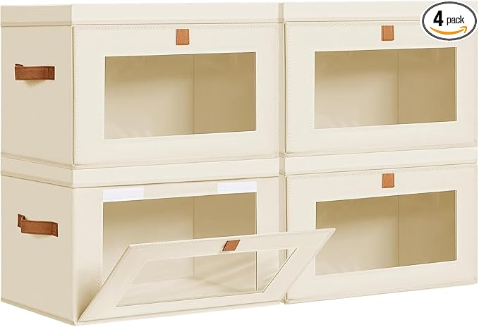 DIMJ Storage Bins with Lids - 4 Pack Large Fabric Closet Organizer with Window & Handles, Collapsible Decorative Storage Boxes for Shelves Under Bed, Books Clothes Blankets Sweaters Organization by DiMJ