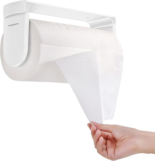simpletome ONE Hand Tear Paper Towel Holder Under Cabinet Adhesive or Drilling Installation Aluminum Alloy + ABS (White) by simpletome