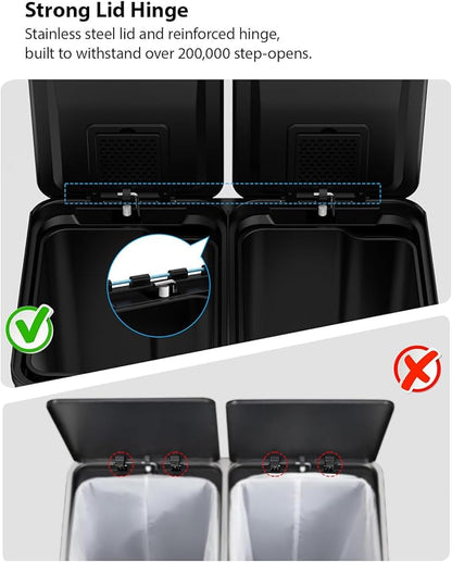 Lovewind Kitchen Trash Can, 2 x 8 Gallon (2 x 30 L) Stainless Steel Trash and Recycle Bin Combo with Soft-Close Lid, Dual Compartment Recycling Kitchen Step Trash Bin, Black - Image 5