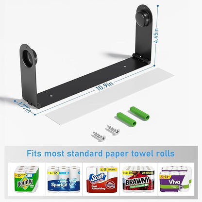 Paper Towel Holder Under Cabinet, Wall Mount Paper Towels Holder for Kitchen Under Counter, Self Adhesive and Drilling, Heavy-Duty Hanging Paper Towel Roll Holder Inside Cabinet Door, Black