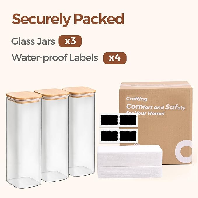 ComSaf Glass Spaghetti Pasta Storage Containers with Lids 2.2 Qt Set of 3, Tall Clear Airtight Food Storage Jar with Lid for Noodles Flour Oat Cereal Sugar Beans, Sqaure Spaghetti Pantry Containers - Image 8