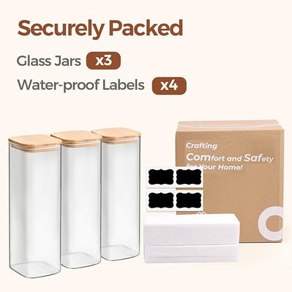 ComSaf Glass Spaghetti Pasta Storage Containers with Lids 2.2 Qt Set of 3, Tall Clear Airtight Food Storage Jar with Lid for Noodles Flour Oat Cereal Sugar Beans, Sqaure Spaghetti Pantry Containers - Image 8