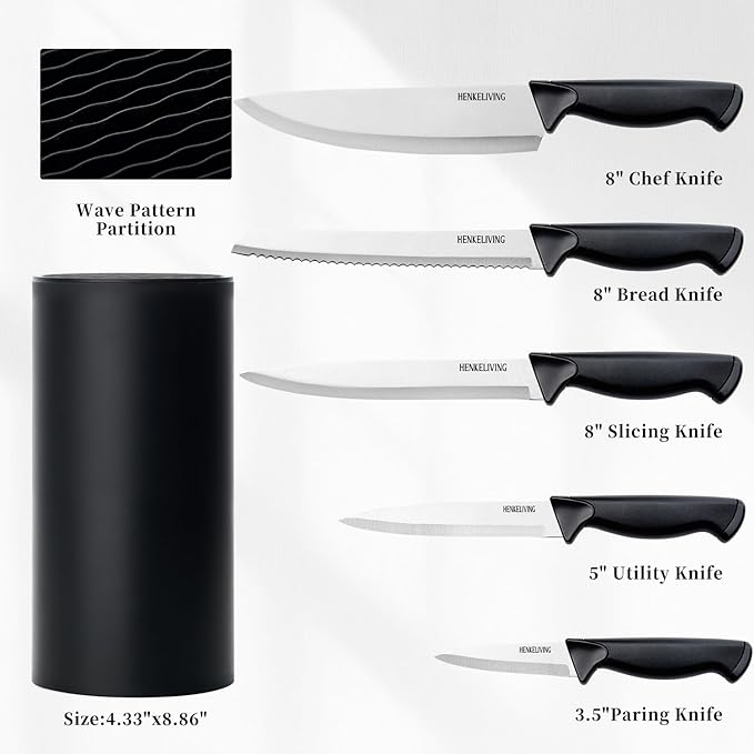 Knife Set, 6-Piece Kitchen Knife Set, German High Carbon Stainless Steel, Durable & Easy Clean Knife Block, Black - Image 2