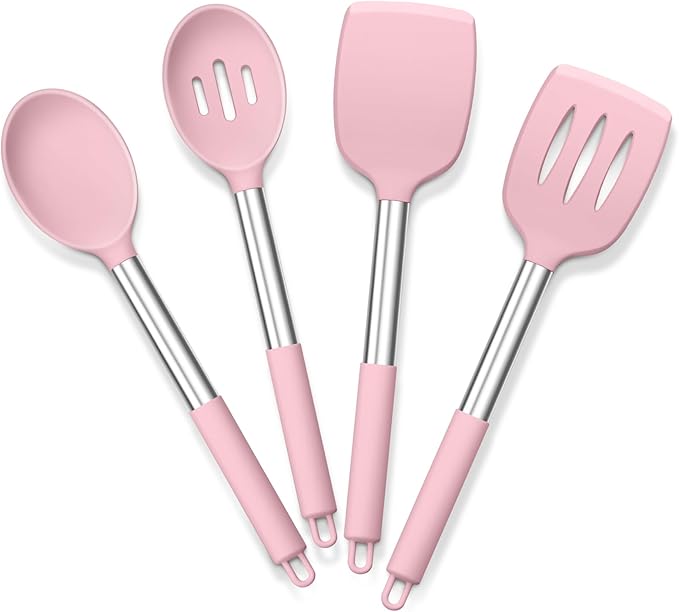 E-far Cooking Utensils Set of 4, Silicone Kitchen Utensils for Non-stick Cookware, Heat Resistant & Non-toxic Slotted Spatula Solid Spoon Turner for Flipping Mixing Serving Basting(Pink) by E-far