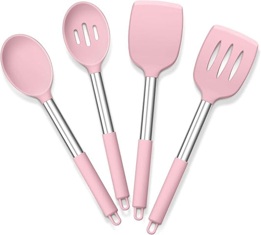 E-far Cooking Utensils Set of 4, Silicone Kitchen Utensils for Non-stick Cookware, Heat Resistant & Non-toxic Slotted Spatula Solid Spoon Turner for Flipping Mixing Serving Basting(Pink) by E-far