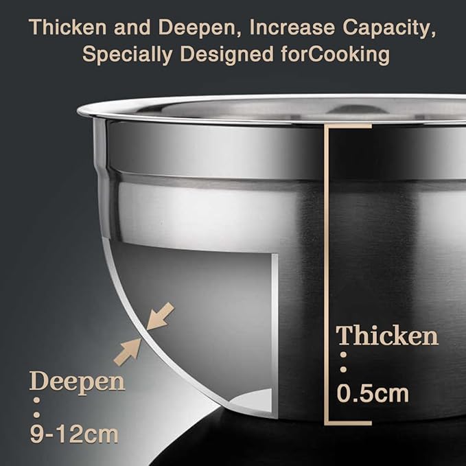 Mixing Bowls, 5Pcs Stainless Steel Mixing Bowl Set, Utensils for the Kitchen, Multifunctional, Stackable, Dishwasher Safe, 3.75L / 3.25L / 2.5L / 2L / 1.3L (Without) - Image 4