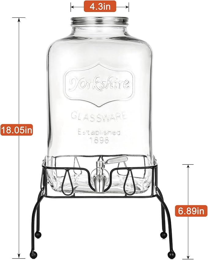 2 Gallon Glass Drink Dispenser with Stand, Stainless Steel Leakproof Spigot and Lid, Glass Drink Dispensers for Parties, Water Beverage Dispenser - Image 4