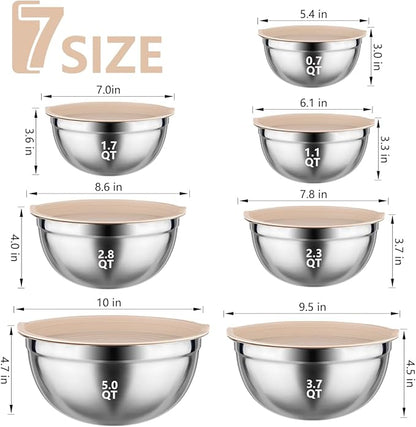 Leidawn Mixing Bowls with Lids set - 25 PCS Stainless Steel Nesting Khaki Mixing Bowls Set for Baking,Mixing,Serving & Prepping,Size 5, 3.7, 2.8, 2.3, 1.7, 1.1, 0.7QT, 11 Cooking Utensils - Image 4