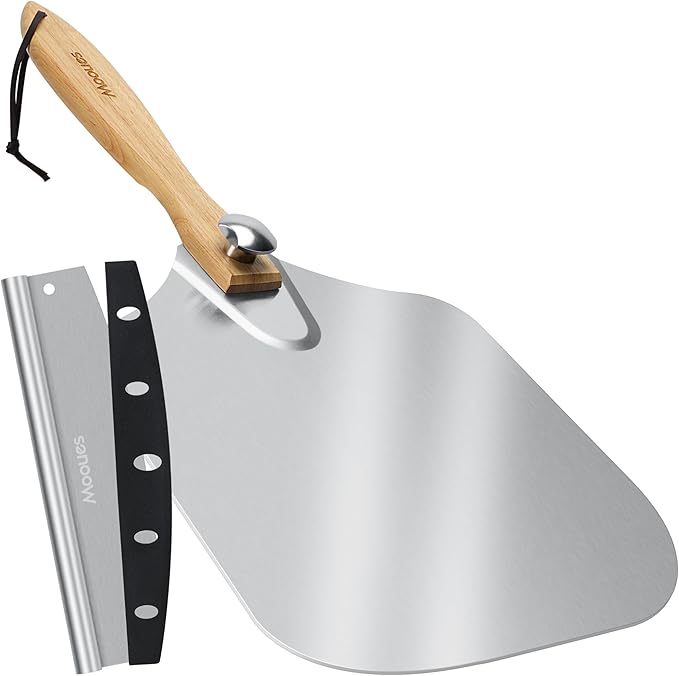 Mooues Pizza Peel Aluminum Pizza Spatula, Metal Pizza Paddle(14inx 16in) with Rocker Cutter Foldable Wood Handle, [Storage bag included], for Family Pizza Oven Baking Pizza, Dough, Bread & Pastry by Mooues