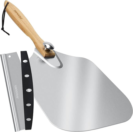 Mooues Pizza Peel Aluminum Pizza Spatula, Metal Pizza Paddle(14inx 16in) with Rocker Cutter Foldable Wood Handle, [Storage bag included], for Family Pizza Oven Baking Pizza, Dough, Bread & Pastry by Mooues