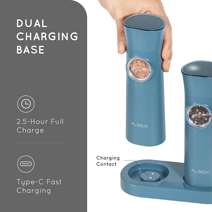 Flendy Gravity Electric Salt and Pepper Grinder Set Rechargeable, Automatic Salt and Pepper Grinder Set with USB C Charging Base, Gravity Salt and Pepper Shakers Set Electric