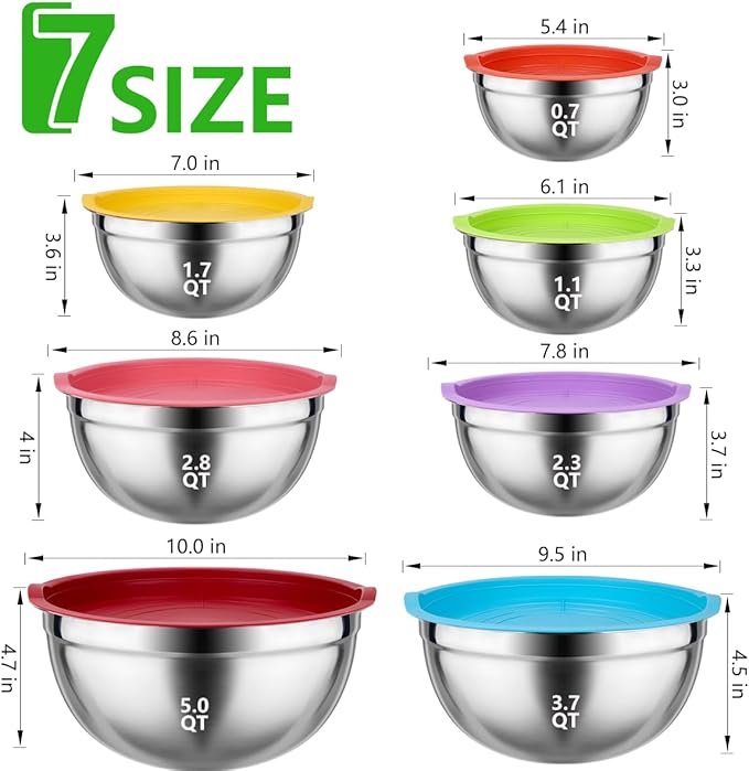 Leidawn Mixing Bowls with Lids for Kitchen - 25 PCS Stainless Steel Nesting Colorful Mixing Bowls Set for Baking,Mixing,Serving & Prepping,Size 5, 3.7, 2.8, 2.3, 1.7, 1.1, 0.7QT,11 Cooking Utensils - Image 4