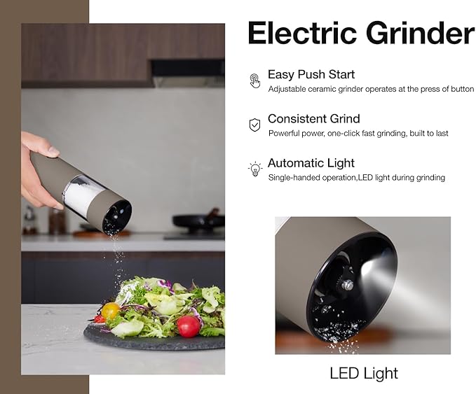 Stainless Steel Rechargeable Electric Salt and Pepper Grinder Set, USB Charging with Dust Cover, 6 Adjustable Grinding Modes + LED Light 2pack，Brown - Image 2