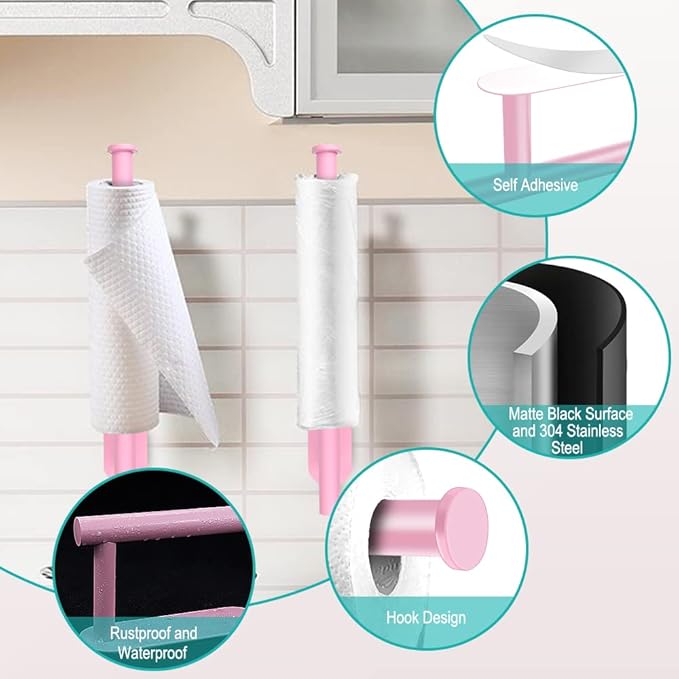 MGahyi Paper Towel Holder Wall Mount, Self Adhesive Or Drilling Paper Towel Holder Under Cabinet, 13.2 inch Stainless Steel Kitchen Paper Towel Roll Rack, Bathroom Towel Roll Hanger(Rectangle-Pink) - Image 3